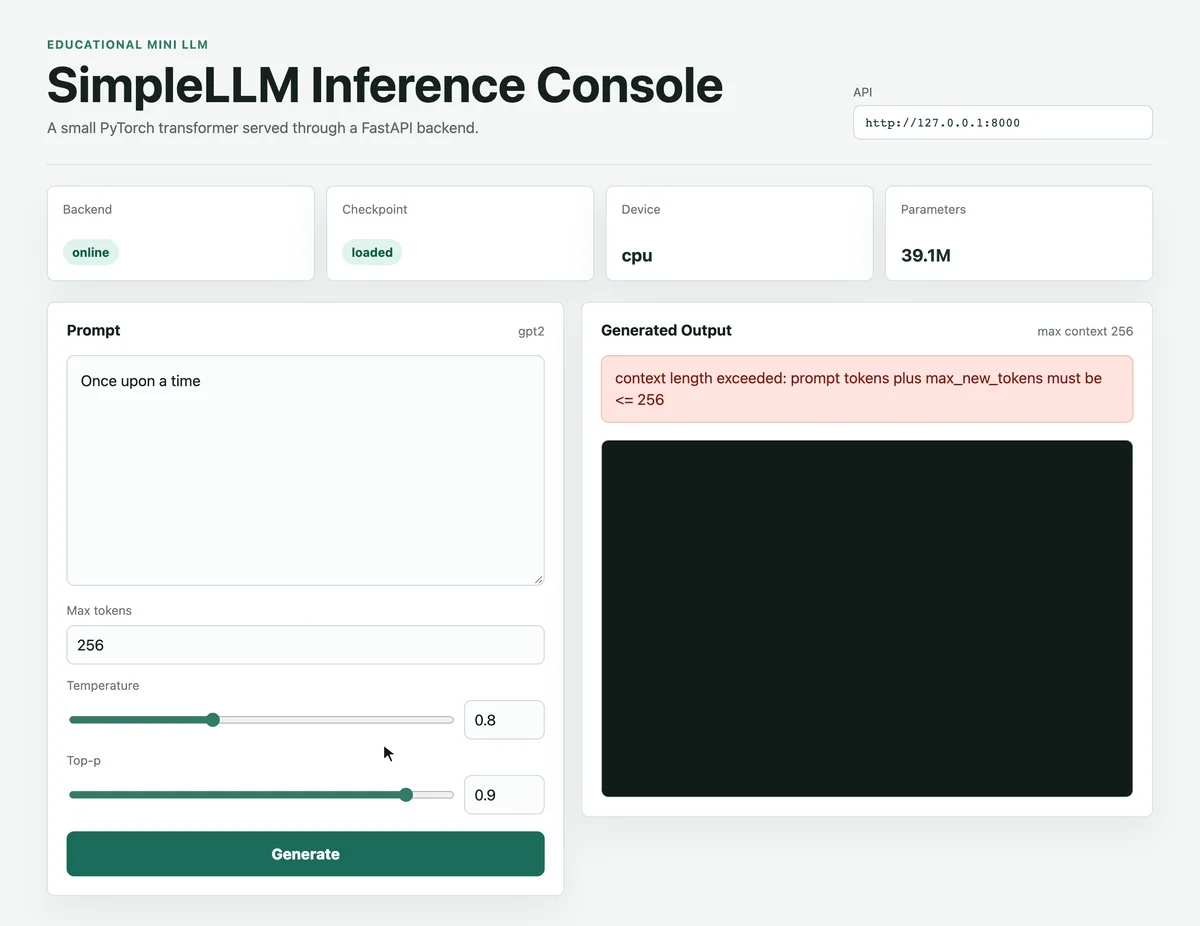 The console with a red message: context length exceeded, prompt tokens plus max_new_tokens must be <= 256.