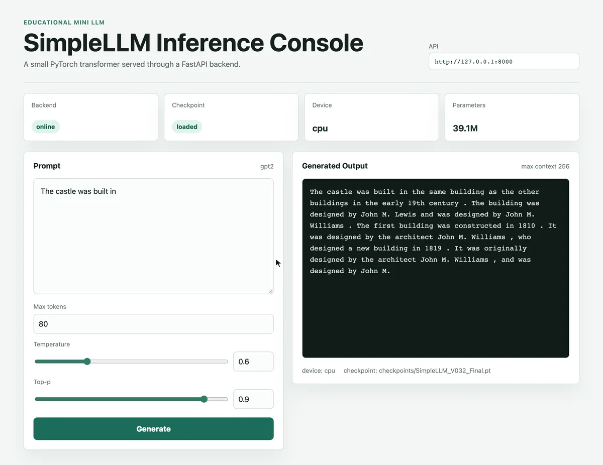The SimpleLLM Inference Console after a request: status cards read Backend online, Checkpoint loaded, Device cpu and Parameters 39.1M, and the output panel continues the prompt “The castle was built in”.
